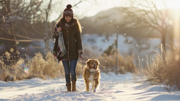 Une jeune femme caucasienne joue heureuse avec le chien dans la neige dans une campagne couverte de neige.