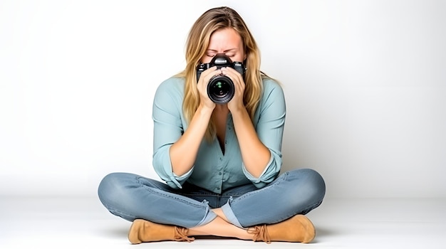 Photo une jeune femme caucasienne avec un ordinateur portable assise sur le sol isolée sur un fond blanc couvrant les yeux