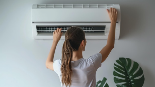 Une jeune femme caucasienne répare l'unité de climatisation intérieure sur le mur.