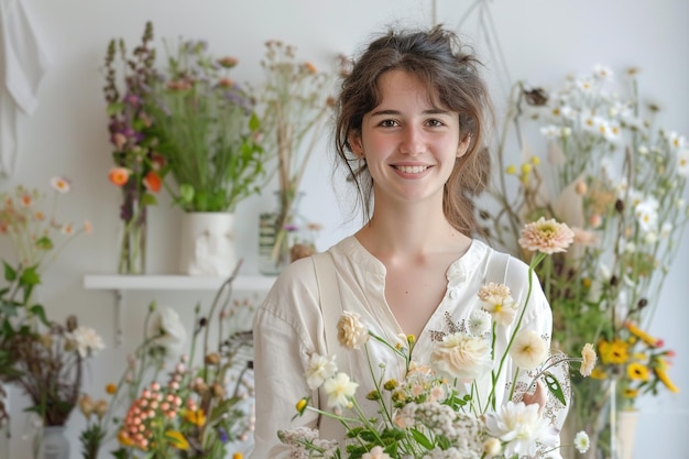 jeune femme caucasienne souriante fleuriste avec un bouquet dans un intérieur lumineux d'une boutique de fleurs