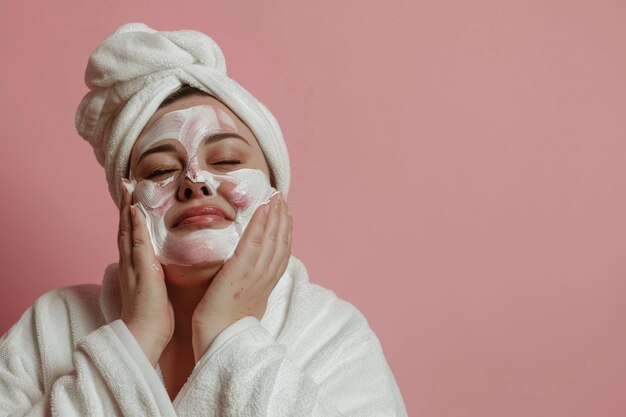 jeune femme caucasienne de taille plus avec une serviette sur la tête appliquant un masque facial portrait de femme de soin de la peau