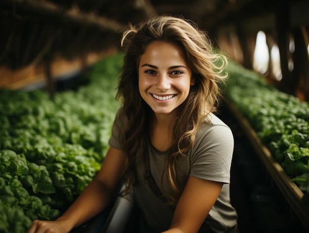 Jeune femme caucasienne travaillant dans une serre de ferme biologique Fille souriante cultivant des plantes biologiques