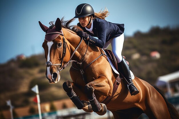 Photo jeune femme cavalière sportive en compétition équestre sautant des obstacles