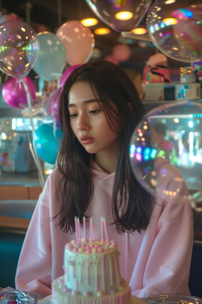 Photo une jeune femme célèbre son anniversaire dans un café avec un gâteau festif et des ballons colorés autour