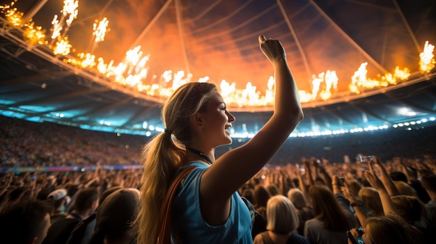 Photo une jeune femme célèbre son équipe au stade.