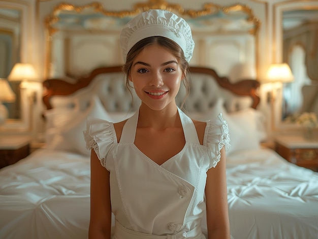 Photo une jeune femme de chambre souriante posant dans une chambre d'hôtel