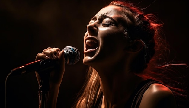 Jeune femme chantant sur scène avec une guitare générée par l'IA