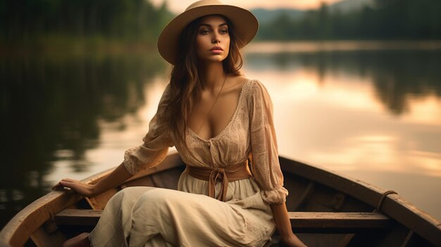 une jeune femme avec un chapeau assise sur un bateau en bois dans le lac