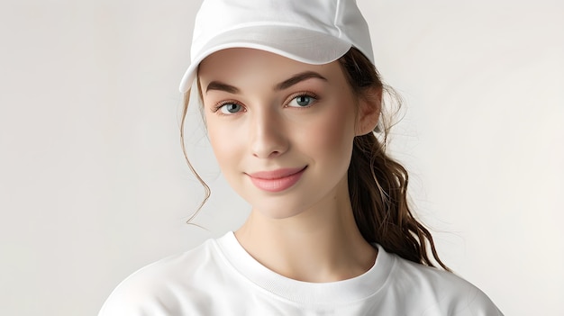 Une jeune femme avec un chapeau blanc et un T-shirt souriant doucement style décontracté naturel parfait pour l'image de marque de style de vie AI