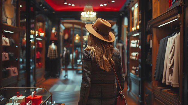 Une jeune femme avec un chapeau brun et une robe grise dans un magasin de vêtements elle regarde les vêtements sur les étagères