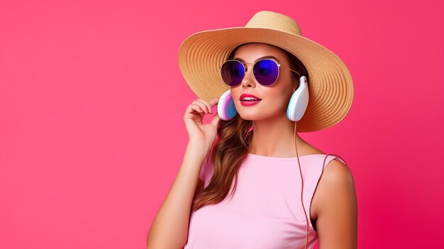 jeune femme en chapeau et lunettes de soleil tenant un smartphone et regardant la caméra sur un fond rose