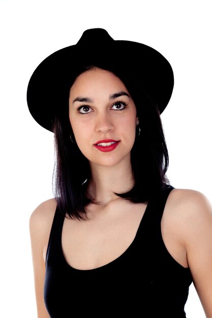 Jeune femme, à, chapeau noir, et, vêtements