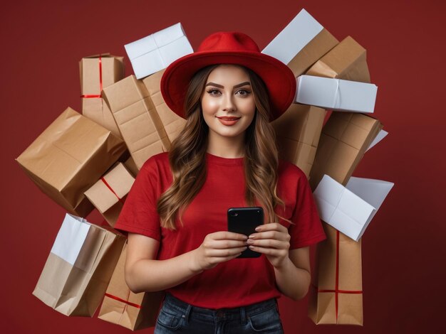 Une jeune femme avec un chapeau rouge tient des sacs en papier d'achat sur un fond rouge plat