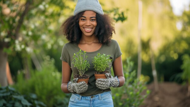 une jeune femme avec un chapeau souriant et tenant deux petites plantes en pot