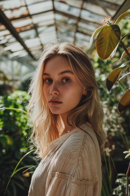 Une jeune femme charmante aux cheveux blonds qui regarde la caméra.