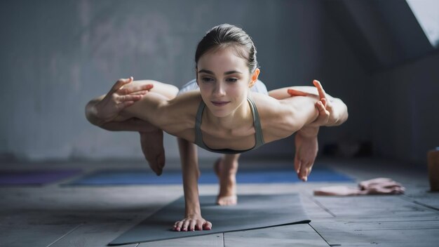 Photo une jeune femme en chaturanga dandasana pose sur un fond de studio gris