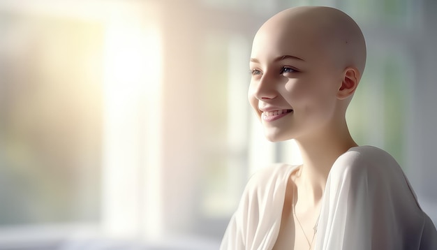 Une jeune femme chauve dans un lit d'hôpital concept de la journée mondiale du cancer