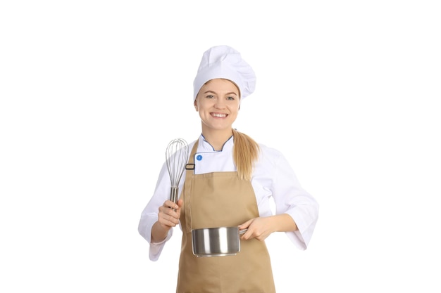 Jeune femme chef isolé sur fond blanc