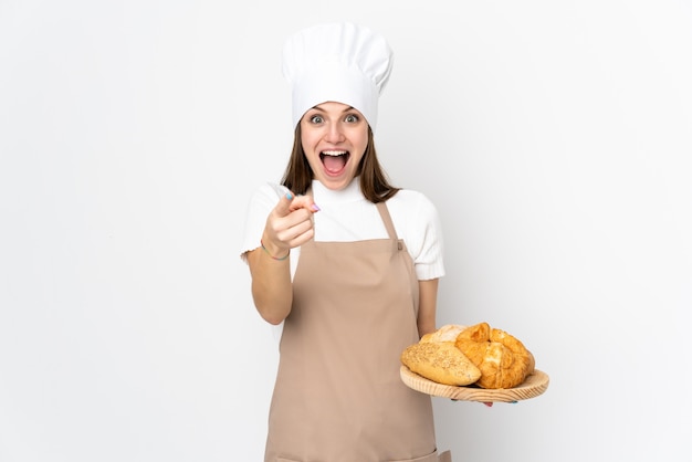 Jeune, femme, chef, uniforme, isolé, blanc, points, doigt, toi