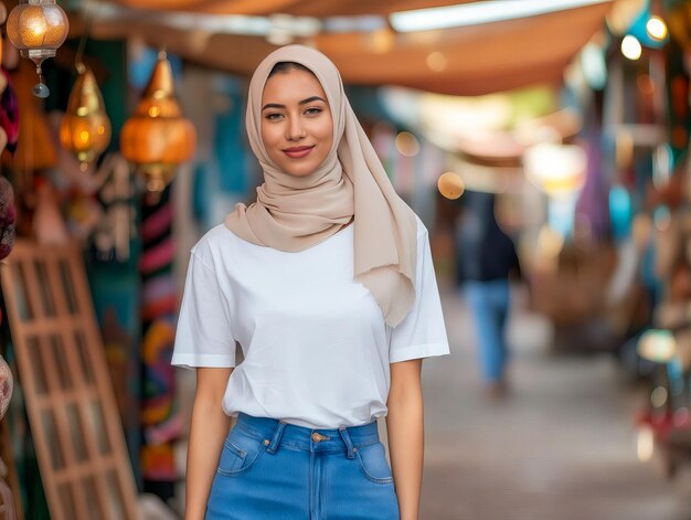 Une jeune femme en chemise blanche et en jeans bleus debout dans un marché bondé