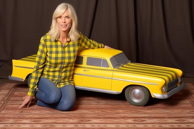 jeune femme en chemise à carreaux chemise grise gants jaunes fabriquant un modèle de voiture de jouet de fer constructeur