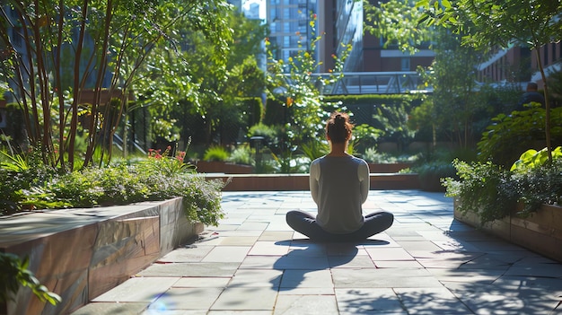Photo une jeune femme en chemise grise et en pantalon noir est assise dans une posture de yoga dans un parc avec un fond urbain
