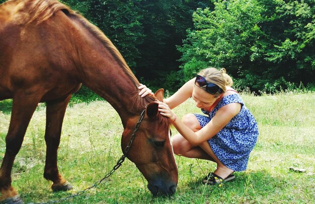 Jeune femme avec cheval sur le champ