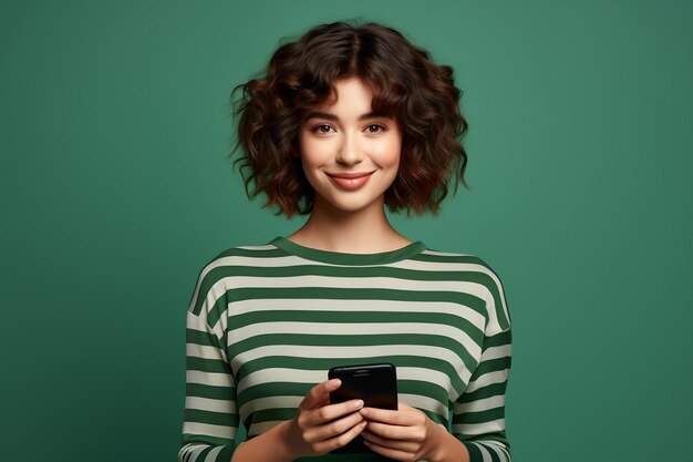 Une jeune femme avec des cheveux bob et une chemise rayée pose sur un fond vert