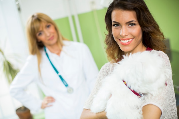 Jeune femme avec un chien chez le vétérinaire