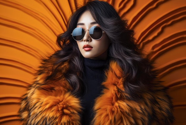 Jeune femme chinoise confiante en lunettes de soleil et manteau de fourrure