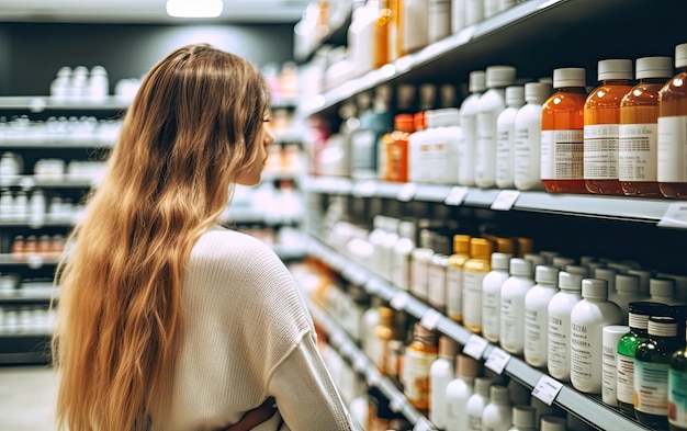 Une jeune femme choisit d'acheter des médicaments dans une pharmacie.