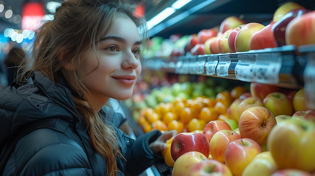 Une jeune femme choisit des pommes fraîches dans une épicerie.