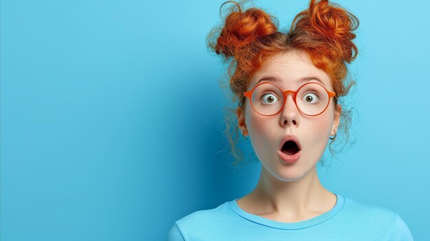 Une jeune femme choquée avec des lunettes rouges et une coiffure sur fond bleu