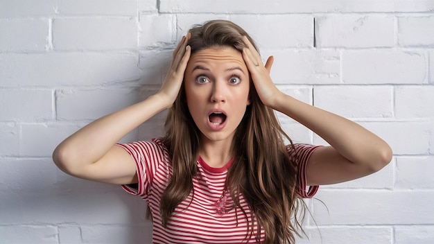 Photo une jeune femme choquée posant contre un mur blanc.