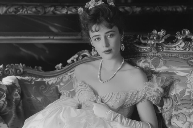 Photo une jeune femme avec une coiffure bouffante et un regard nostalgique est assise gracieusement sur un canapé antique