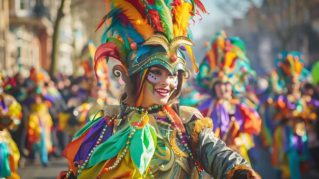 Une jeune femme en coiffure et en costume de plumes colorées sourit alors qu'elle danse lors d'une célébration de carnaval.