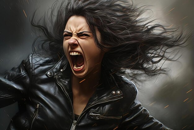Photo une jeune femme en colère criant dans une veste en cuir noire dans le style du portrait réaliste contemporain