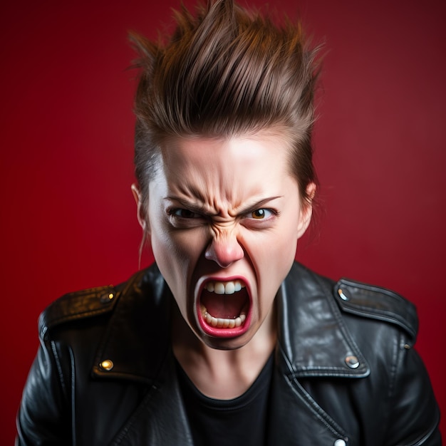 jeune femme en colère avec un mohawk criant sur fond rouge