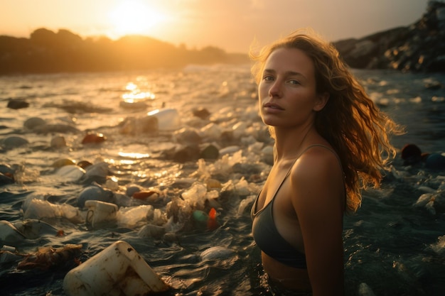 Photo jeune femme collectant des déchets plastiques dans la mer au coucher du soleil concept de pollution de l'environnement
