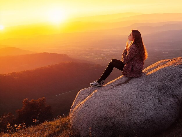 Une jeune femme sur une colline assise sur un rocher au lever du soleil