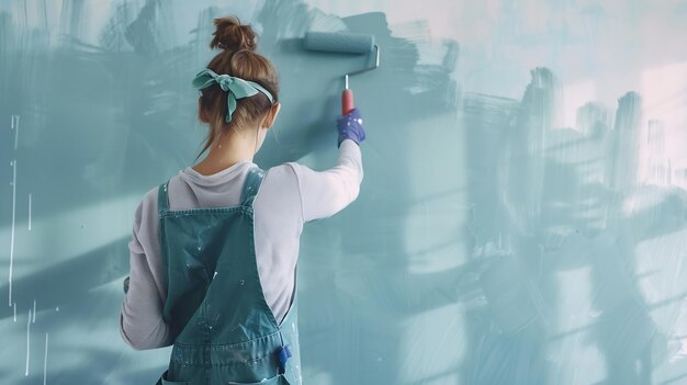 Jeune femme en combinaison peignant le mur intérieur avec un rouleau de peinture dans une nouvelle maison