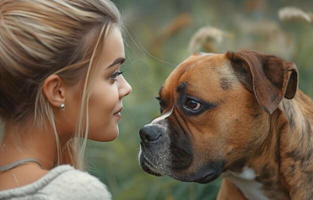 Une jeune femme commande un chien boxeur