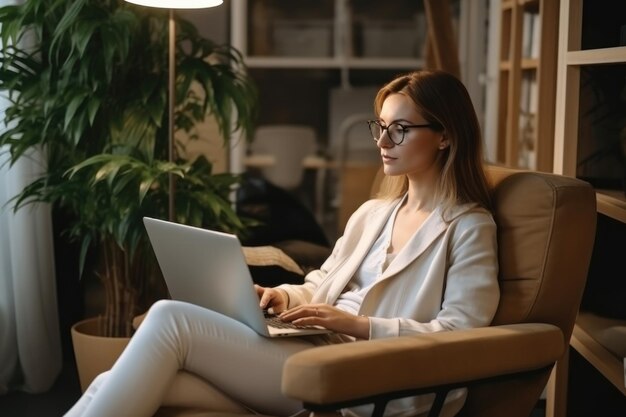 Jeune femme concentrée assise dans un fauteuil réglable confortable étudiant ou travaillant sur un ordinateur portable dans un bureau à domicile moderne