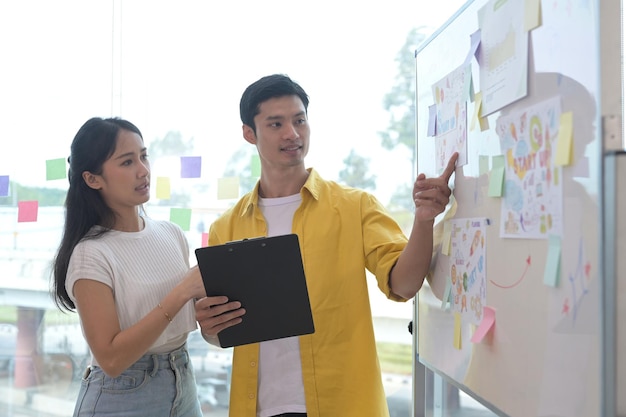 Jeune femme concentrée debout près d'un tableau à feuilles mobiles avec son collègue et discutant ensemble d'une nouvelle stratégie marketing