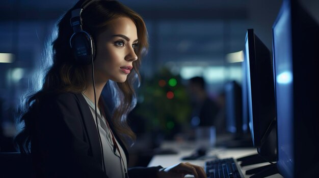 Une jeune femme concentrée avec des écouteurs travaillant tard dans un environnement de bureau de haute technologie