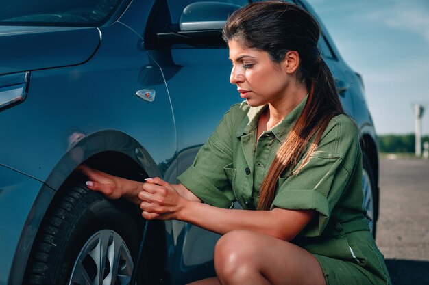 La jeune femme concentrée fixe une roue de sa voiture cassée par la clé à douille, portrait