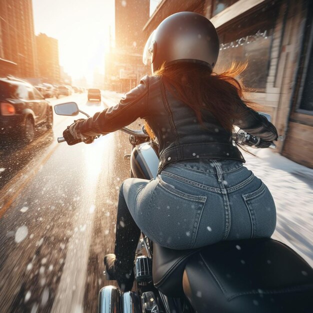 une jeune femme conduit un scooter cyclomoteur dans une tempête de neige en hiver dans une route très fréquentée de la ville