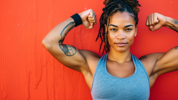 Une jeune femme confiante avec des dreadlocks flexant ses muscles devant un fond rouge. Elle porte un tank top gris et a des tatouages sur les bras.