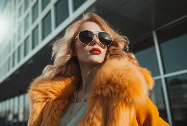 Jeune femme confiante en lunettes de soleil et un manteau d'hiver