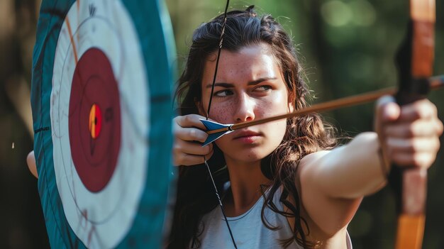 Une jeune femme confiante pratiquant le tir à l'arc en plein air Une archeresse déterminée visant la cible